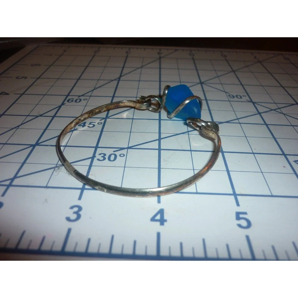 Vtg Sterling Silver Blue Sea Glass Bangle Bracelet Artisan Wire Wrapped Hook Eye